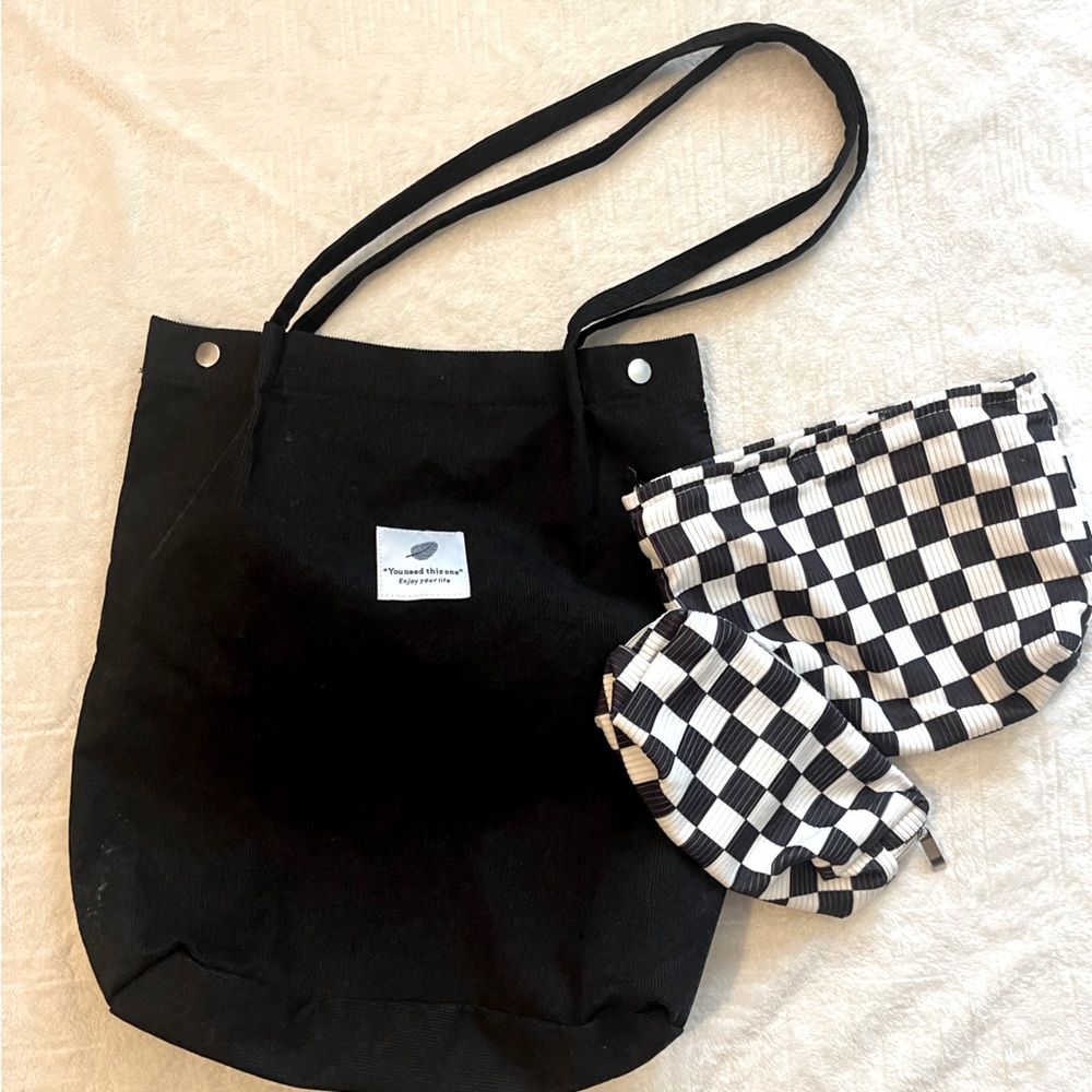 Large black Corduroy Tote Bag with 2 checkered black and white cosmetic bags